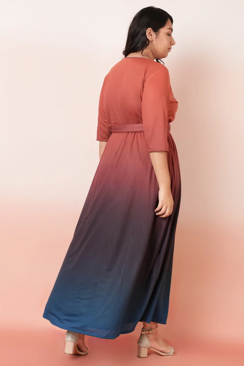 Rust Navy Ombre Maxi Wrap Dress