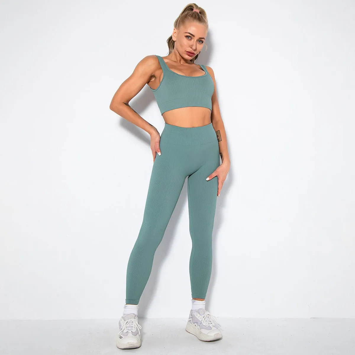 Seamless Sexy Fitness Yoga U V Neck Leggings Gym Wear Set - Women's 2 Piece Active Wear Set