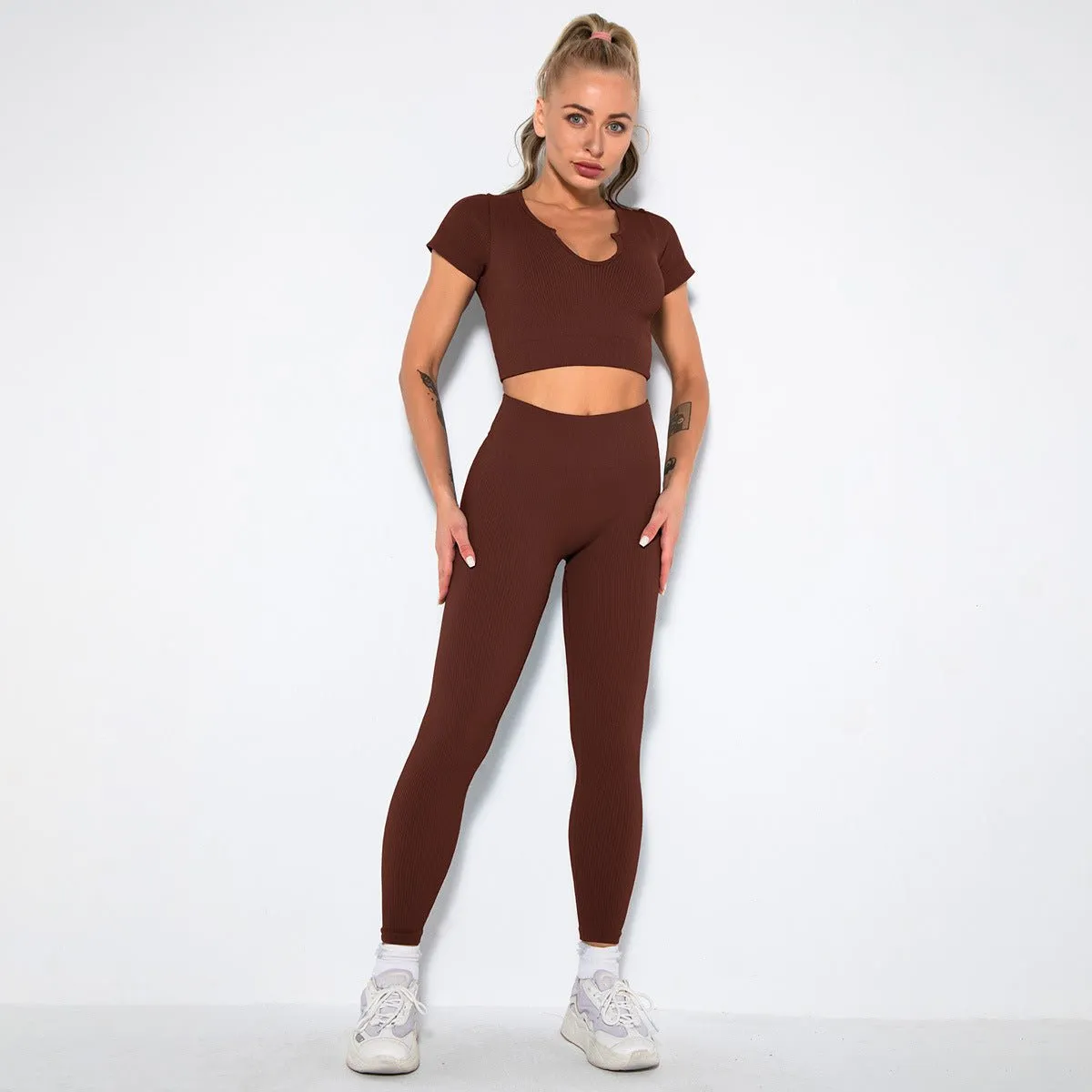 Seamless Sexy Fitness Yoga U V Neck Leggings Gym Wear Set - Women's 2 Piece Active Wear Set