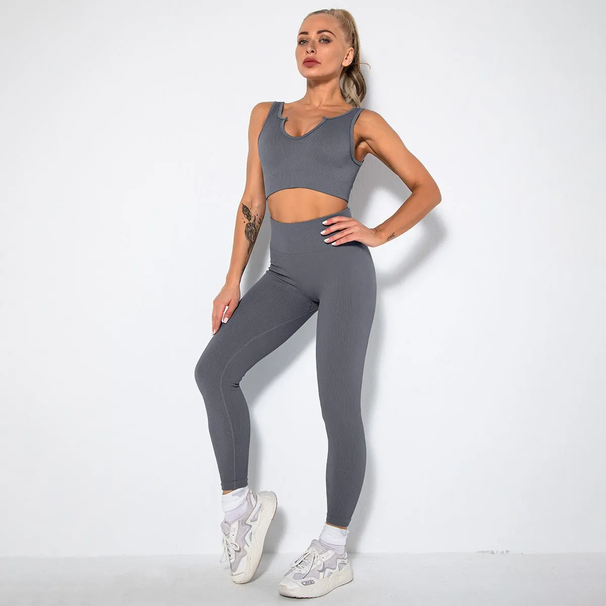 Seamless Sexy Fitness Yoga U V Neck Leggings Gym Wear Set - Women's 2 Piece Active Wear Set