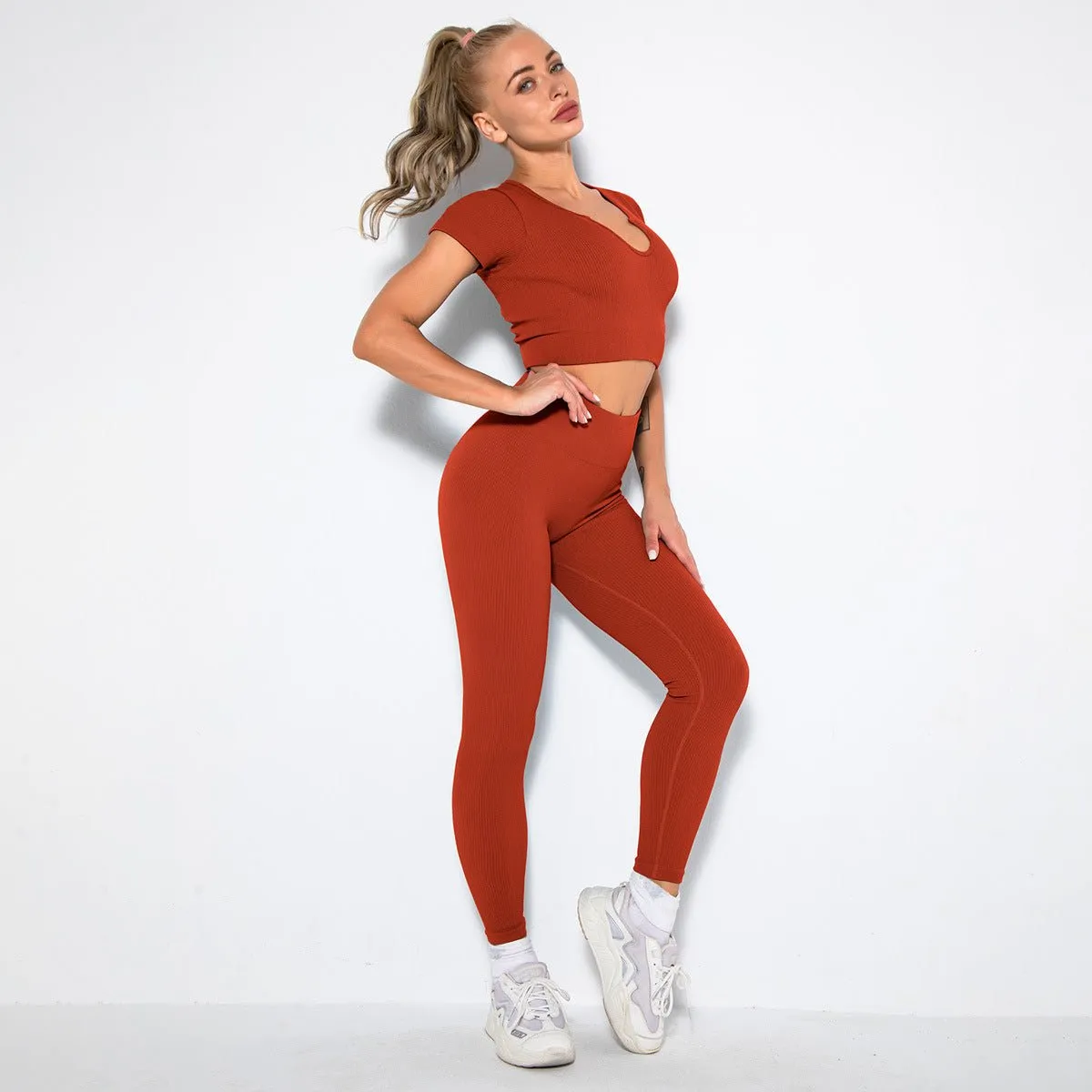 Seamless Sexy Fitness Yoga U V Neck Leggings Gym Wear Set - Women's 2 Piece Active Wear Set