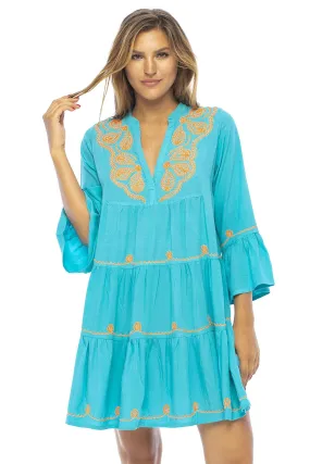 Short Flowy Boho Print Dress with Embroidered V Neck