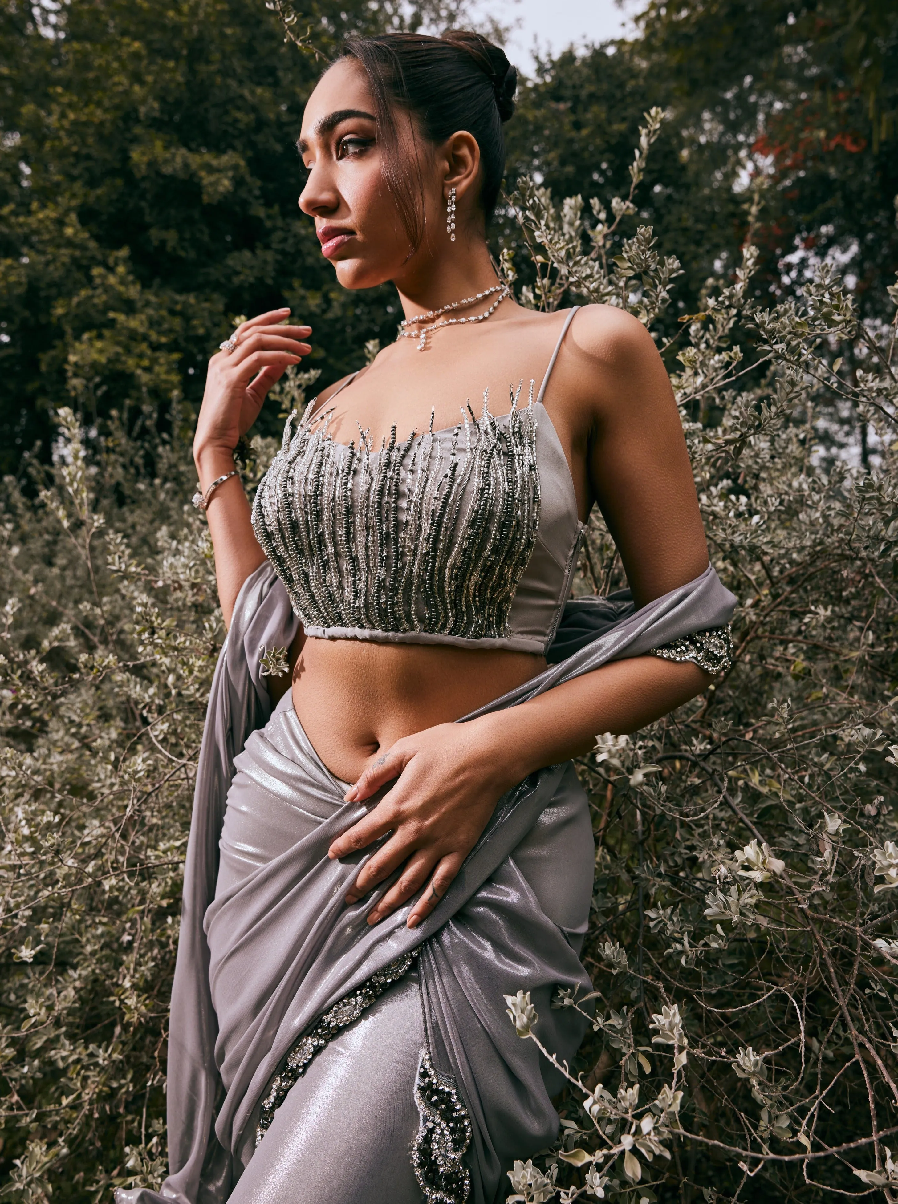 Sobia Grey Shimmer Chiffon Pre- Draped Saree Set