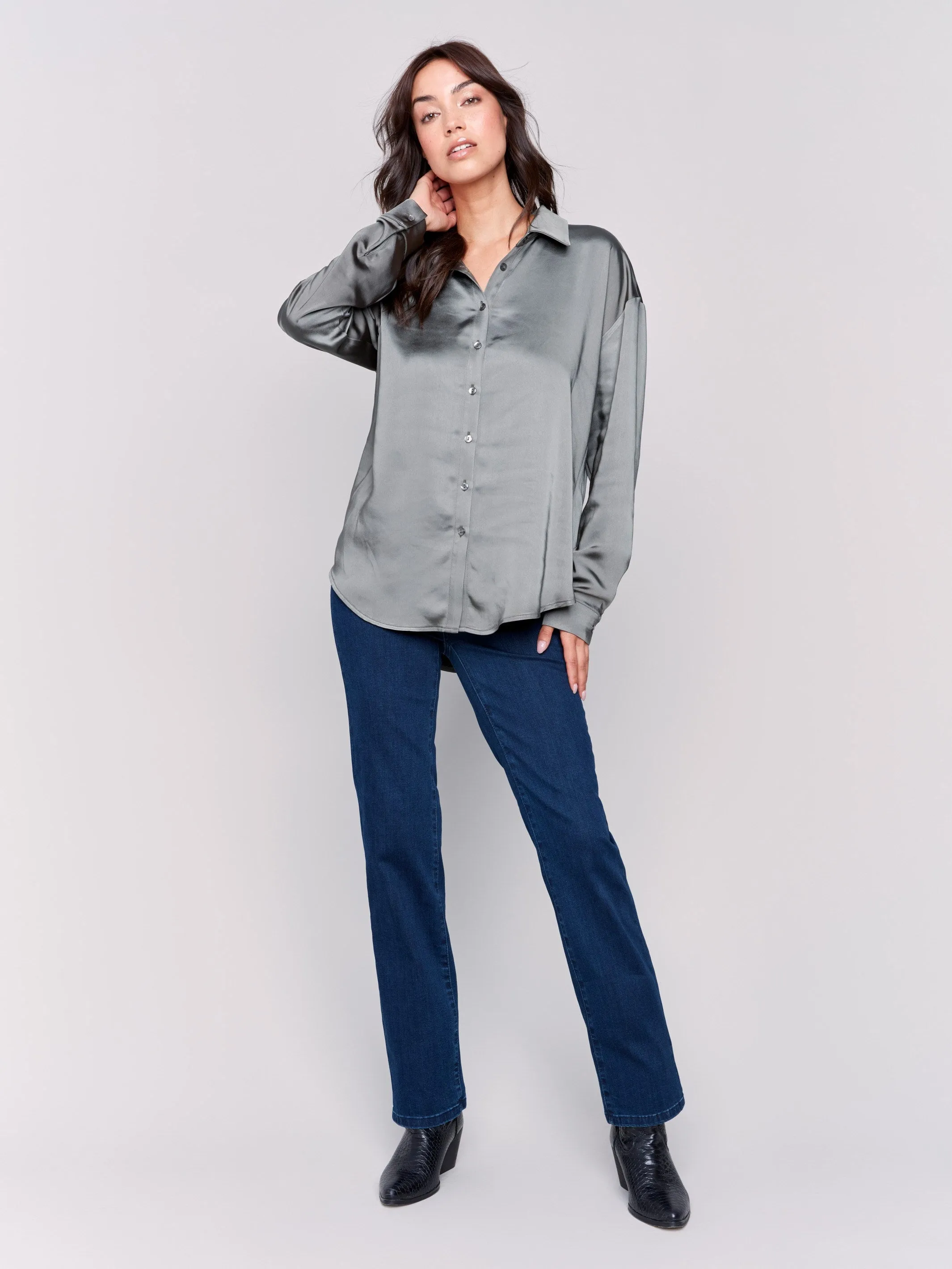 Solid Satin Button-Down Shirt - Spruce