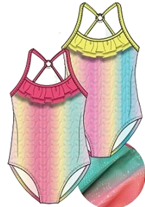 Swimwear Girls Sz 4-6X Ruffled Pastel Rainbow One Piece Swimsuit, Size 4-6X