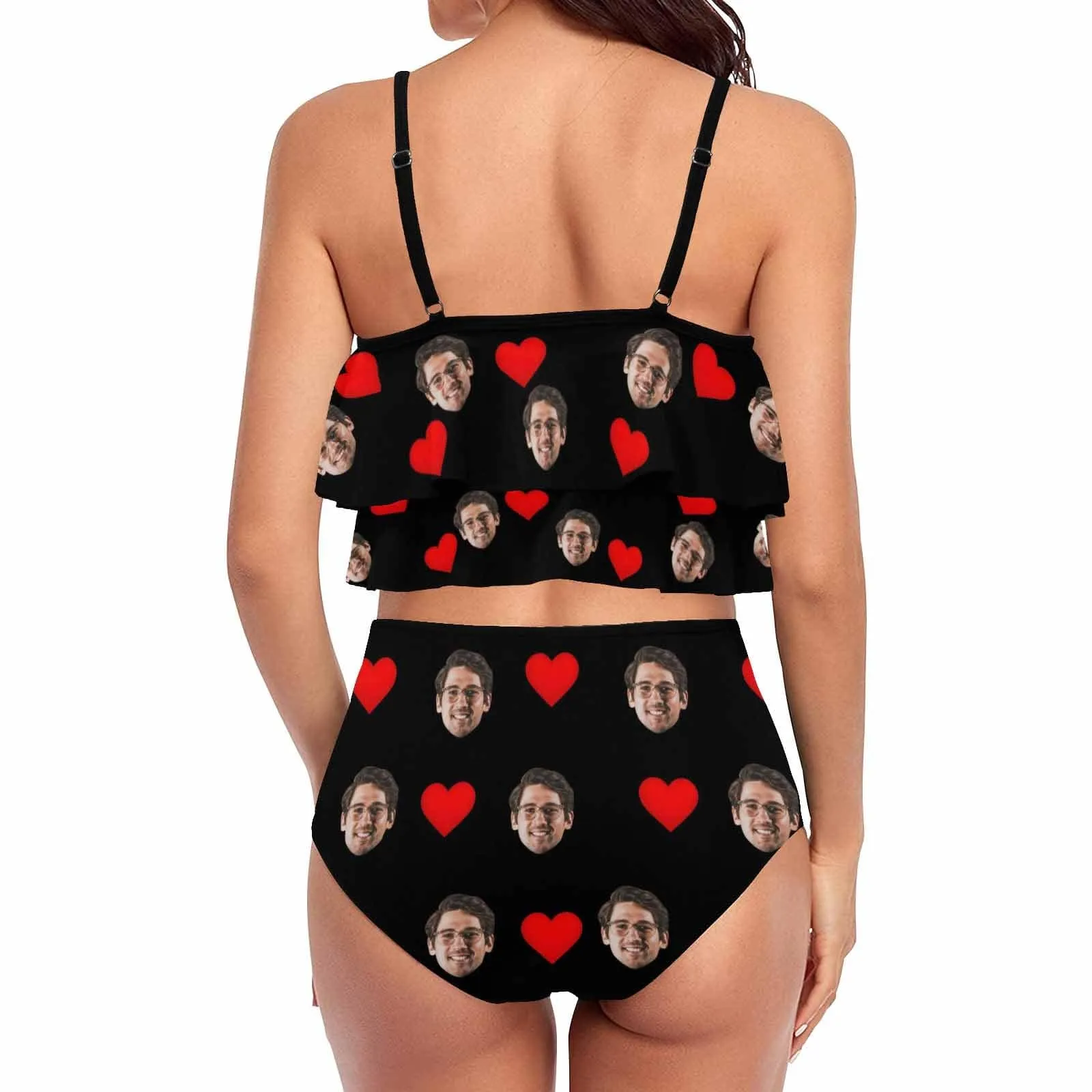 #Tankini Set #Double Ruffled Tankini Custom Face Red Heart Tankini Personalized Bathing Suit Summer Swimsuit Women's High Waisted Double Ruffle Bikini Set