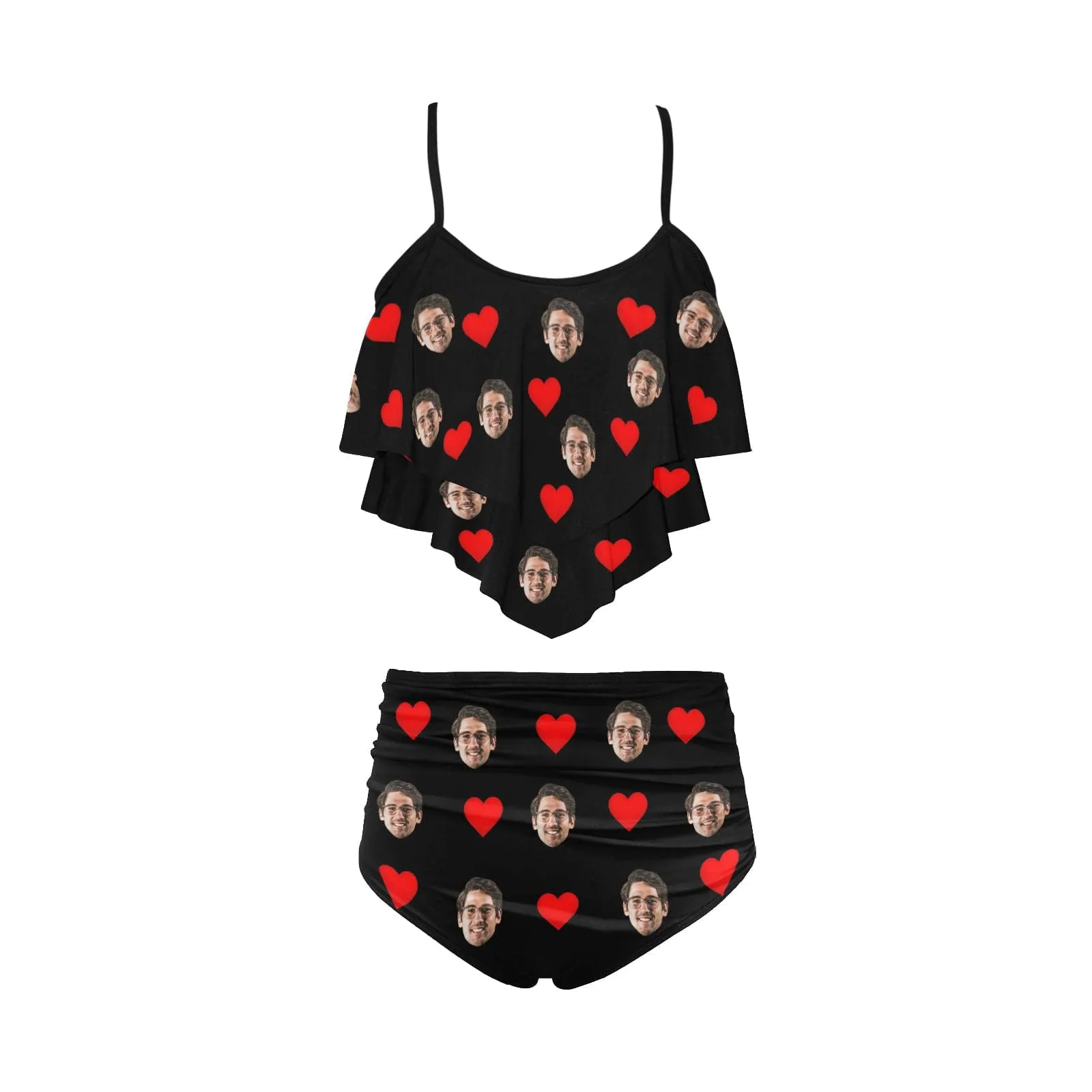 #Tankini Set #Double Ruffled Tankini Custom Face Red Heart Tankini Personalized Bathing Suit Summer Swimsuit Women's High Waisted Double Ruffle Bikini Set