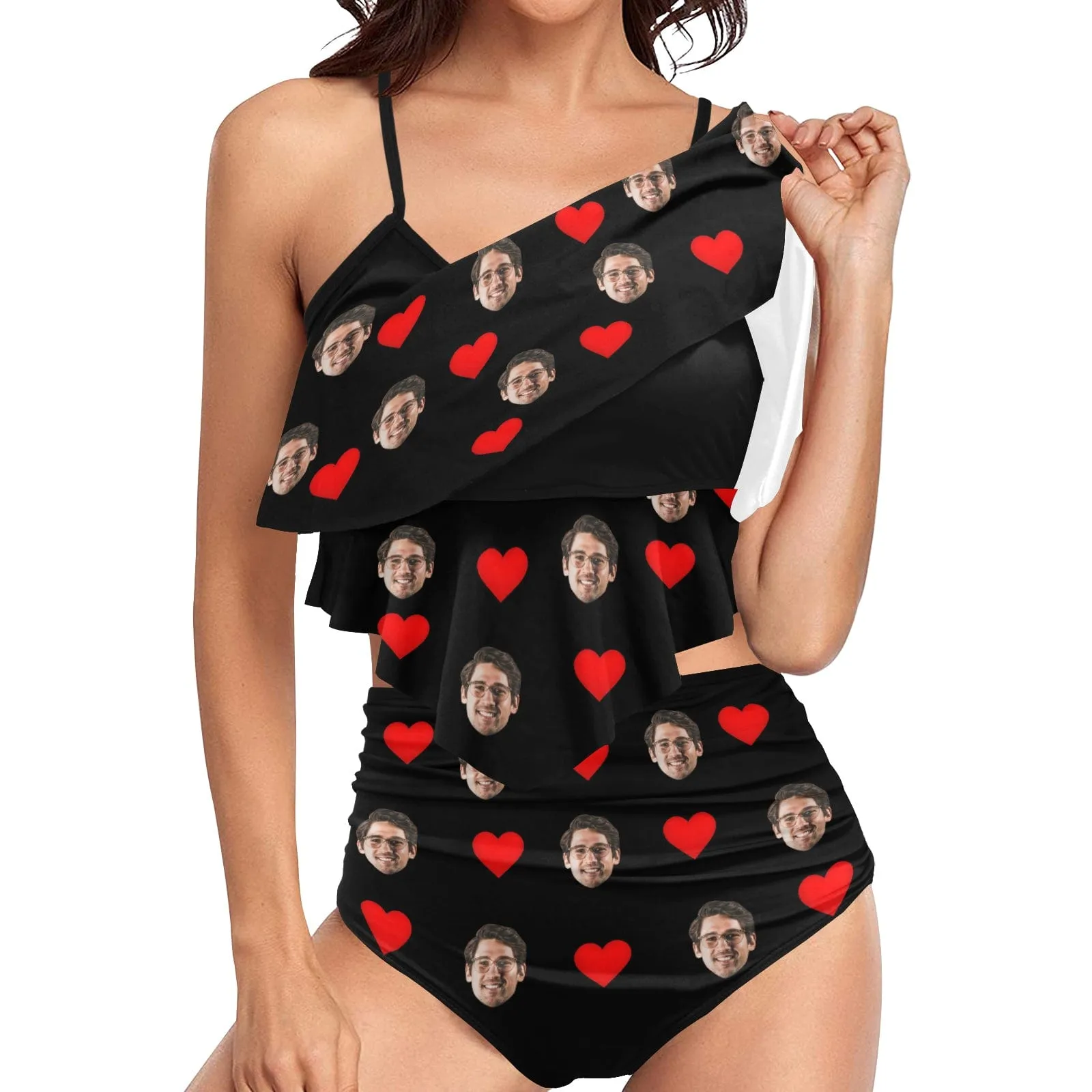 #Tankini Set #Double Ruffled Tankini Custom Face Red Heart Tankini Personalized Bathing Suit Summer Swimsuit Women's High Waisted Double Ruffle Bikini Set