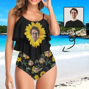 #Tankini Set #Double Ruffled Tankini Custom Face Sunflower Ruffle Tankini Personalized Bathing Suit Summer Swimsuit Women's High Waisted Double Ruffle Bikini Set