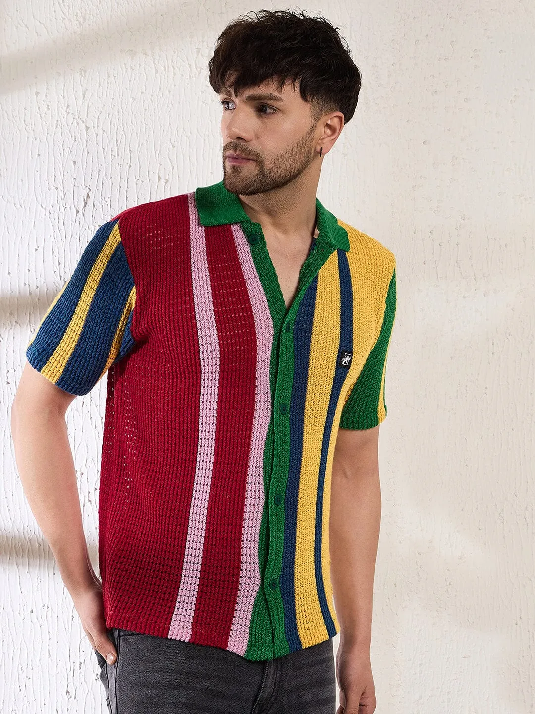 Technicolour Striped Crochet Shirt