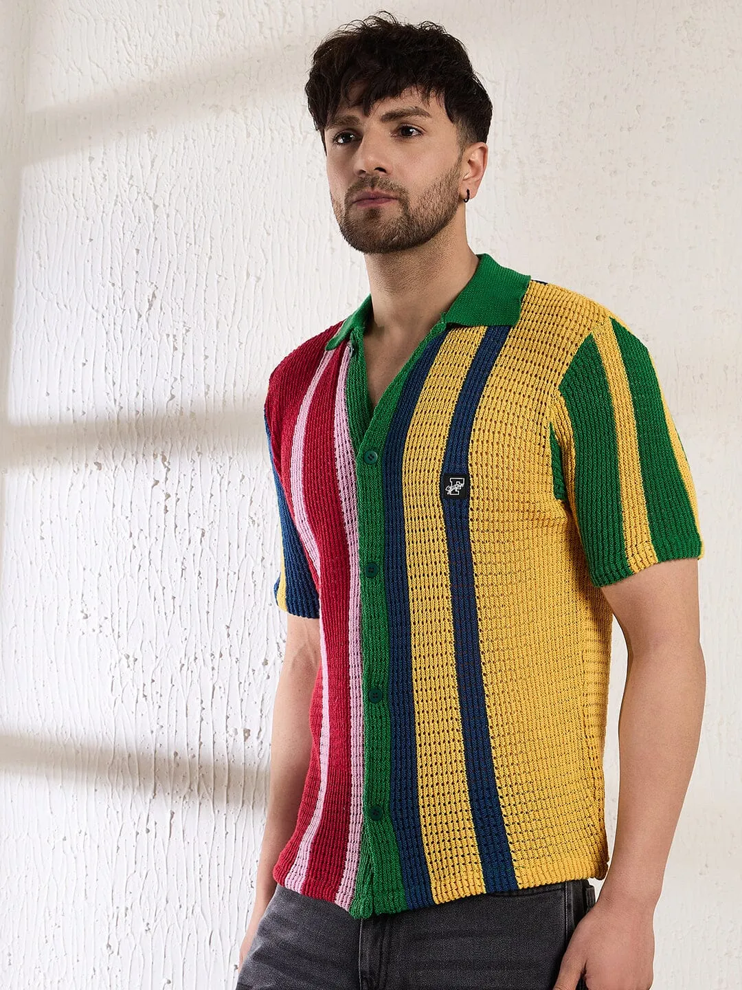 Technicolour Striped Crochet Shirt