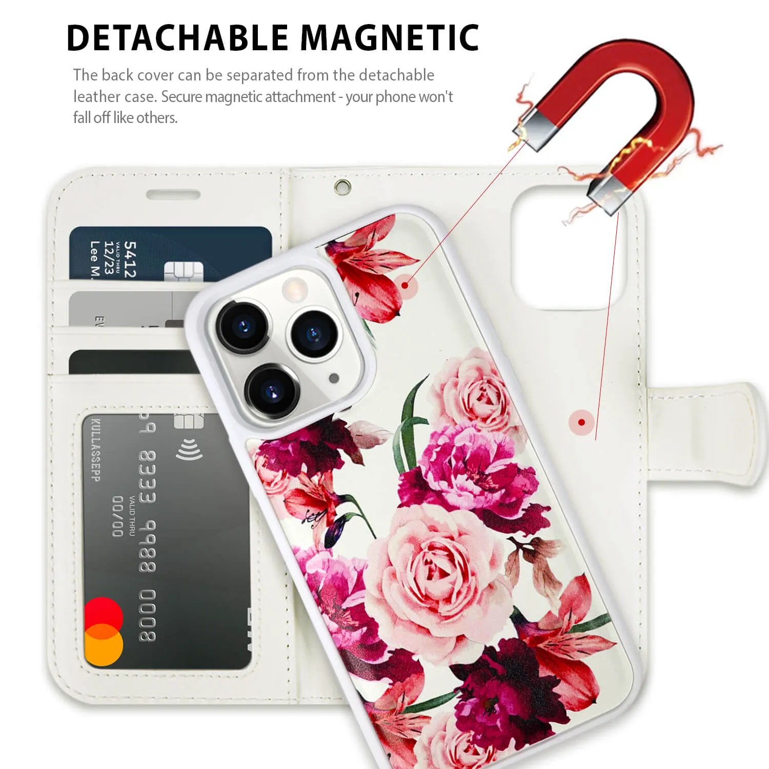 Tough On iPhone 12 Pro Max Case Magnetic Detachable Leather Rose Flower