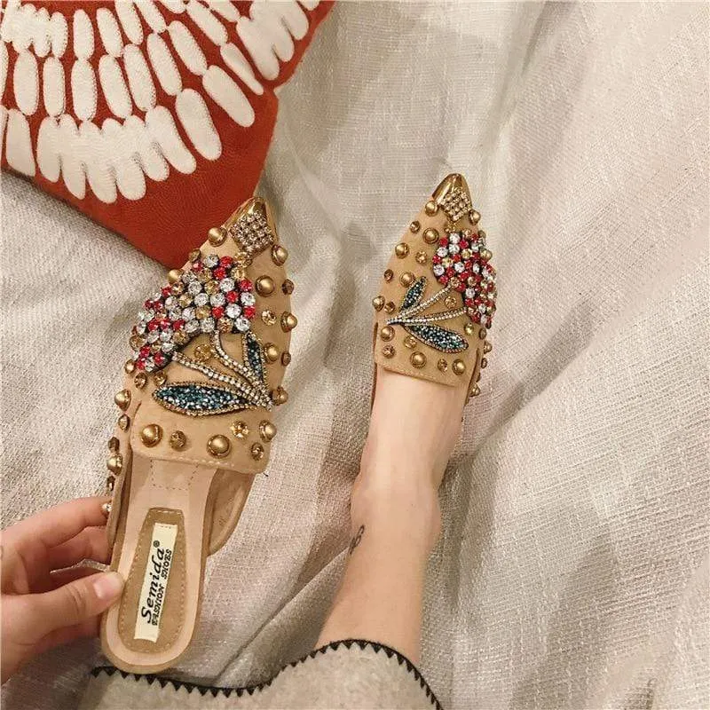 Women Pointed Toe Crystal Flower Luxury Half Slippers