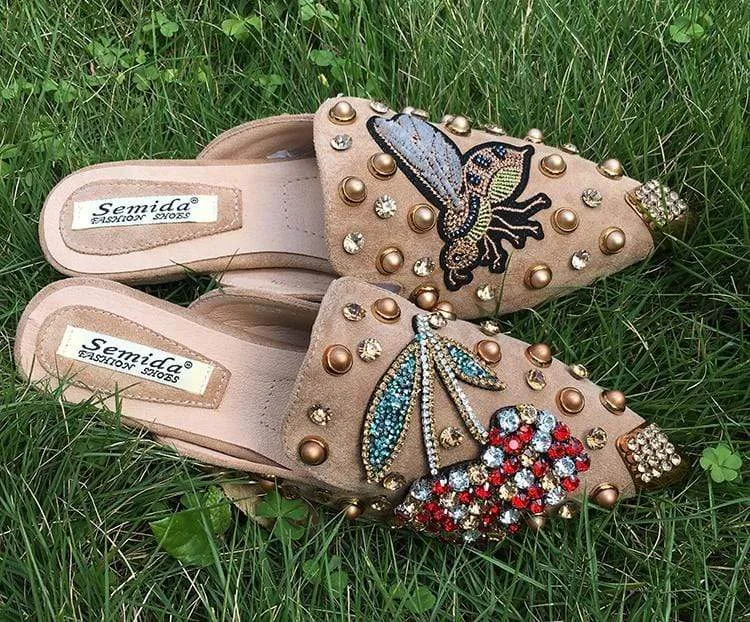 Women Pointed Toe Crystal Flower Luxury Half Slippers