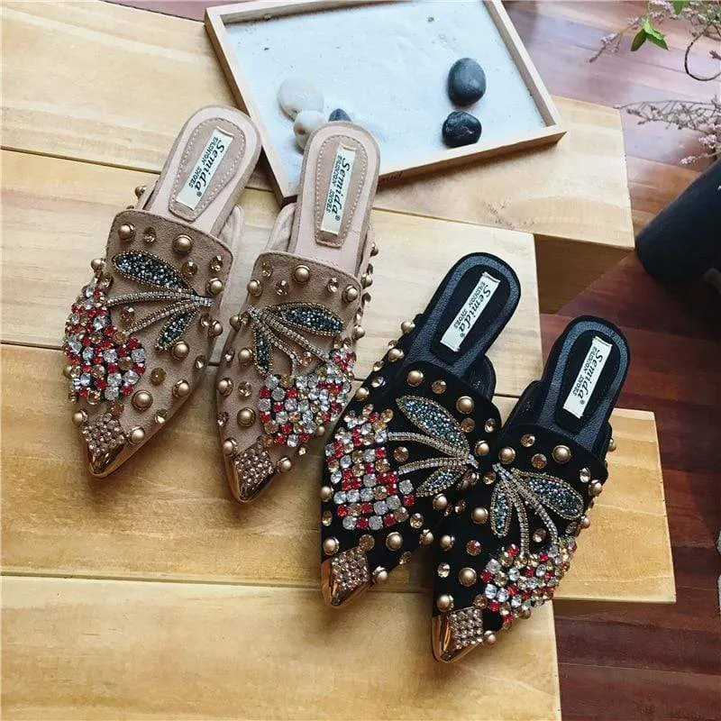 Women Pointed Toe Crystal Flower Luxury Half Slippers