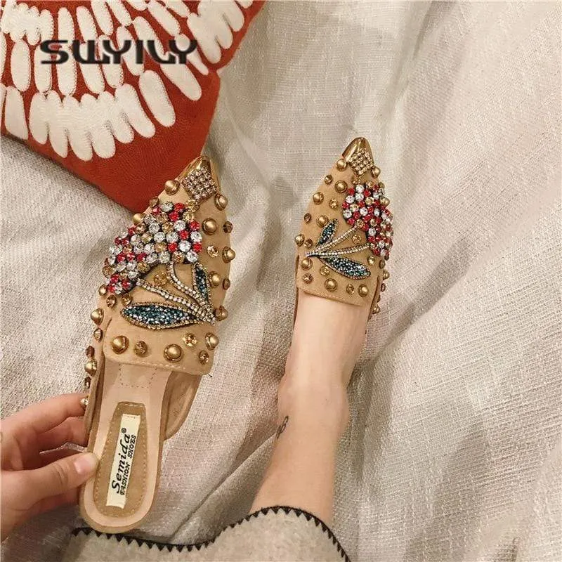 Women Pointed Toe Crystal Flower Luxury Half Slippers