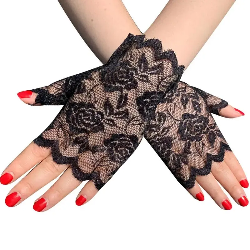 Women Short Lace Fingerless Gloves Sunblock Bridal Wrist Floral Mittens Opera Evening Wedding Tea Party Cosplay Mittens