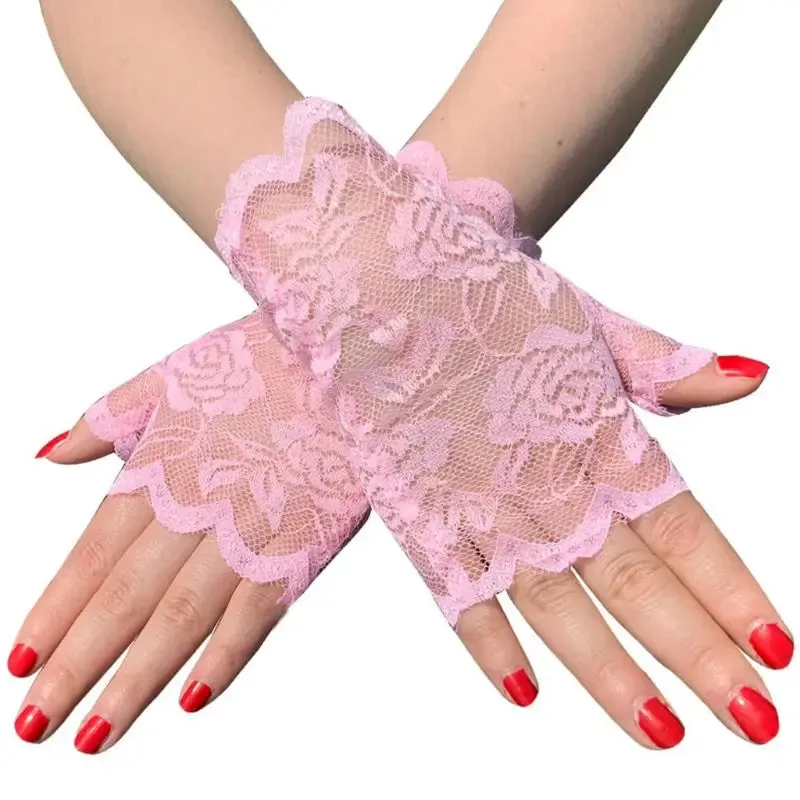 Women Short Lace Fingerless Gloves Sunblock Bridal Wrist Floral Mittens Opera Evening Wedding Tea Party Cosplay Mittens