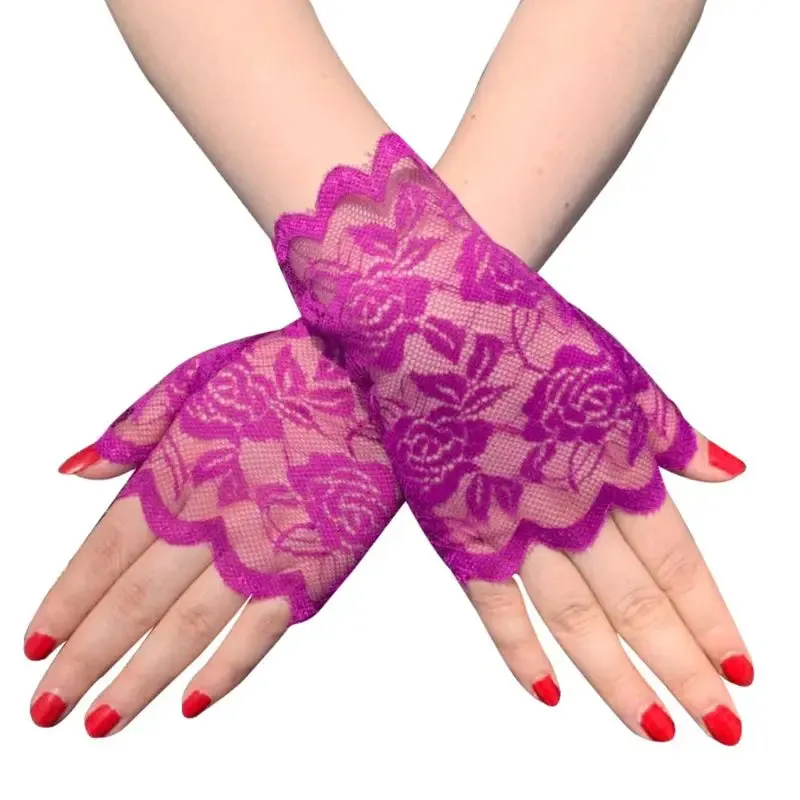 Women Short Lace Fingerless Gloves Sunblock Bridal Wrist Floral Mittens Opera Evening Wedding Tea Party Cosplay Mittens