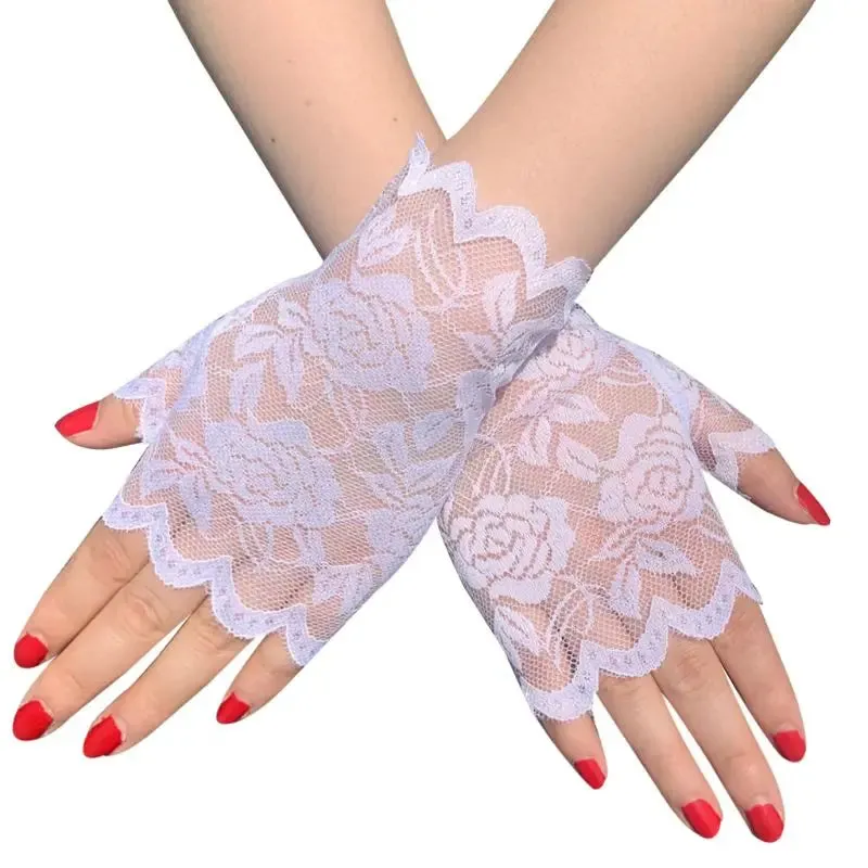 Women Short Lace Fingerless Gloves Sunblock Bridal Wrist Floral Mittens Opera Evening Wedding Tea Party Cosplay Mittens