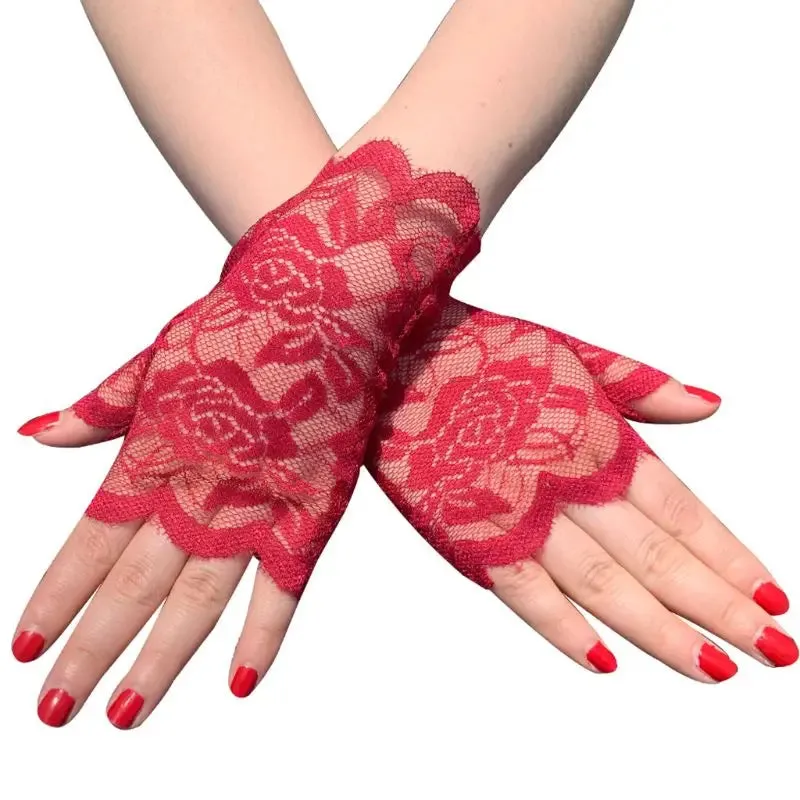 Women Short Lace Fingerless Gloves Sunblock Bridal Wrist Floral Mittens Opera Evening Wedding Tea Party Cosplay Mittens