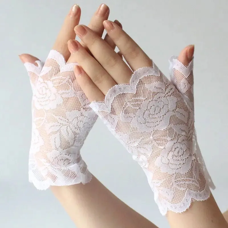 Women Short Lace Fingerless Gloves Sunblock Bridal Wrist Floral Mittens Opera Evening Wedding Tea Party Cosplay Mittens