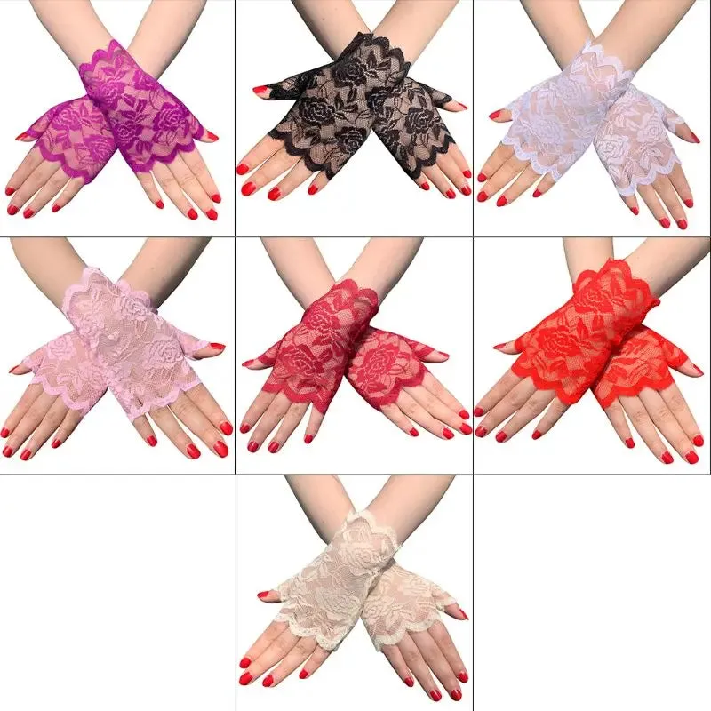 Women Short Lace Fingerless Gloves Sunblock Bridal Wrist Floral Mittens Opera Evening Wedding Tea Party Cosplay Mittens