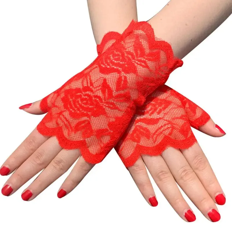 Women Short Lace Fingerless Gloves Sunblock Bridal Wrist Floral Mittens Opera Evening Wedding Tea Party Cosplay Mittens