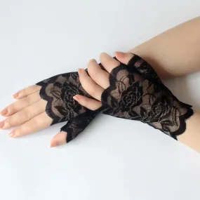 Women Short Lace Fingerless Gloves Sunblock Bridal Wrist Floral Mittens Opera Evening Wedding Tea Party Cosplay Mittens