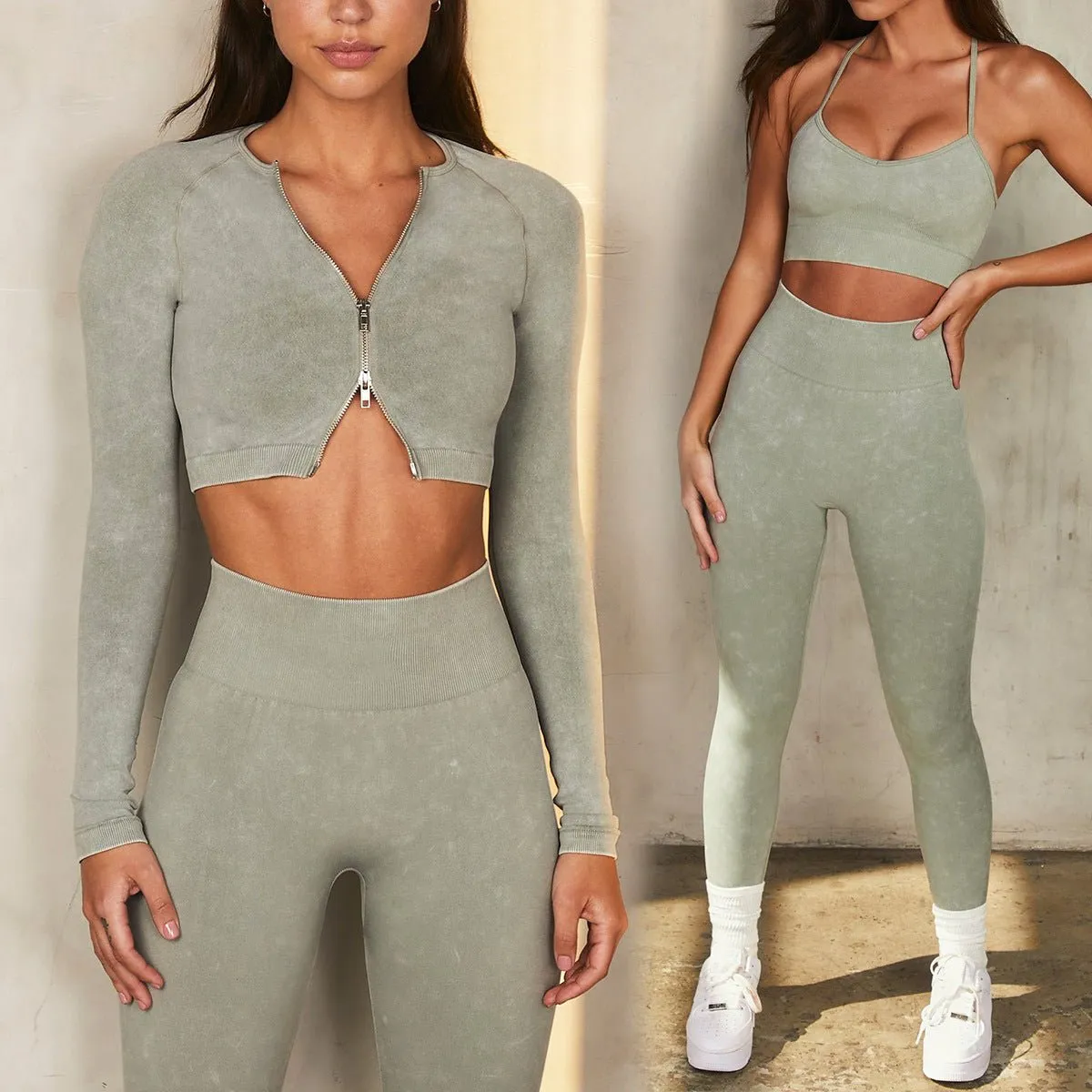 women workout zipper long sleeve tops suit halter sport bra and shorts 5 piece yoga leggings set