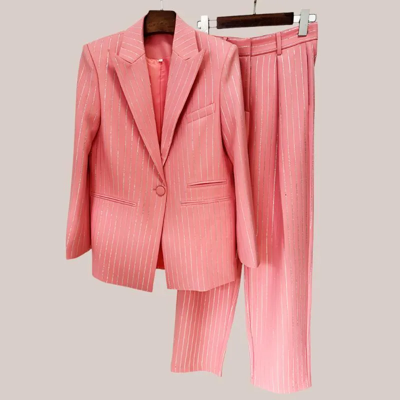 Women’s Loose Rhinestone Blazer & Trousers Suit - Office Style