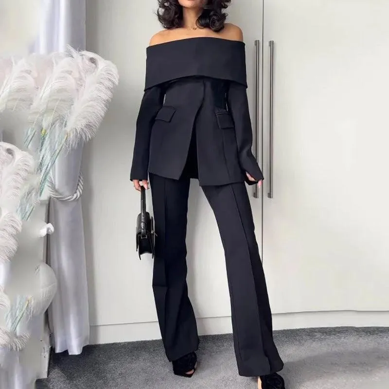 Women’s Off Shoulder Trousers Two-Piece Suit - Elegant Office Style