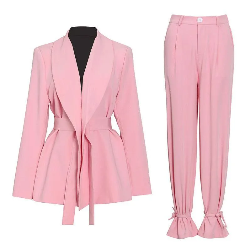 Women’s Pink Lace Blouse & High Waist Narrow-Leg Trousers Set - Casual Style