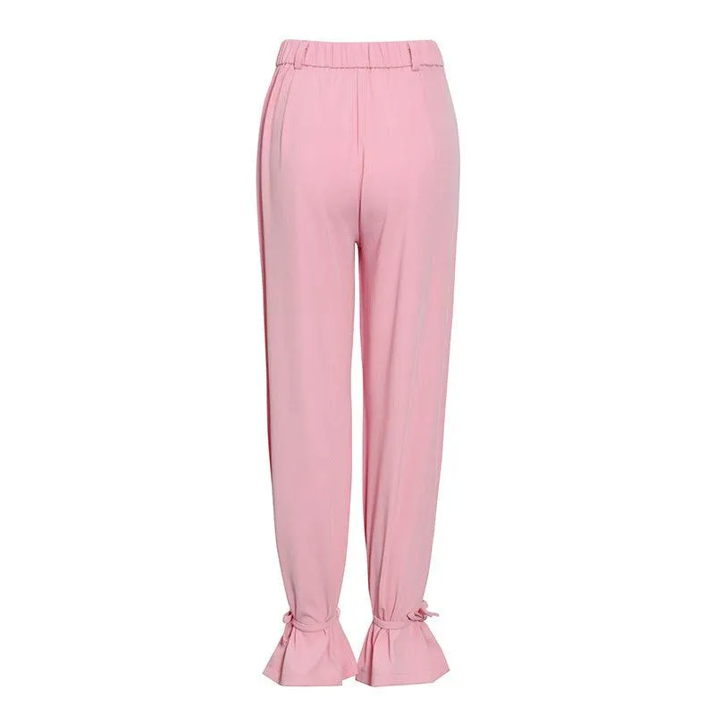 Women’s Pink Lace Blouse & High Waist Narrow-Leg Trousers Set - Casual Style