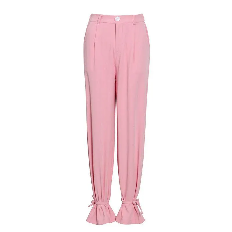 Women’s Pink Lace Blouse & High Waist Narrow-Leg Trousers Set - Casual Style