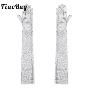 Womens Vintage 1920s Shiny Sequins Gloves Finger Elbow Length Long Gloves for Opera Evening Performance Costumes Acceaaories