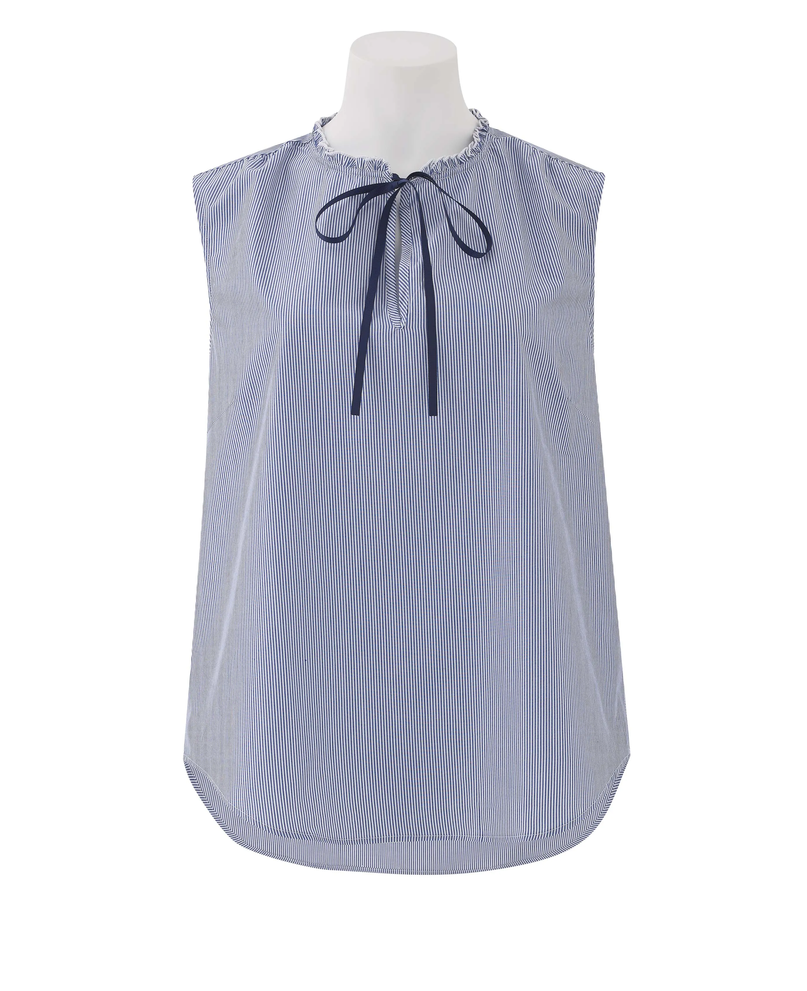 Women's White Navy Poplin Stripe Semi-Fitted Sleeveless Shirt